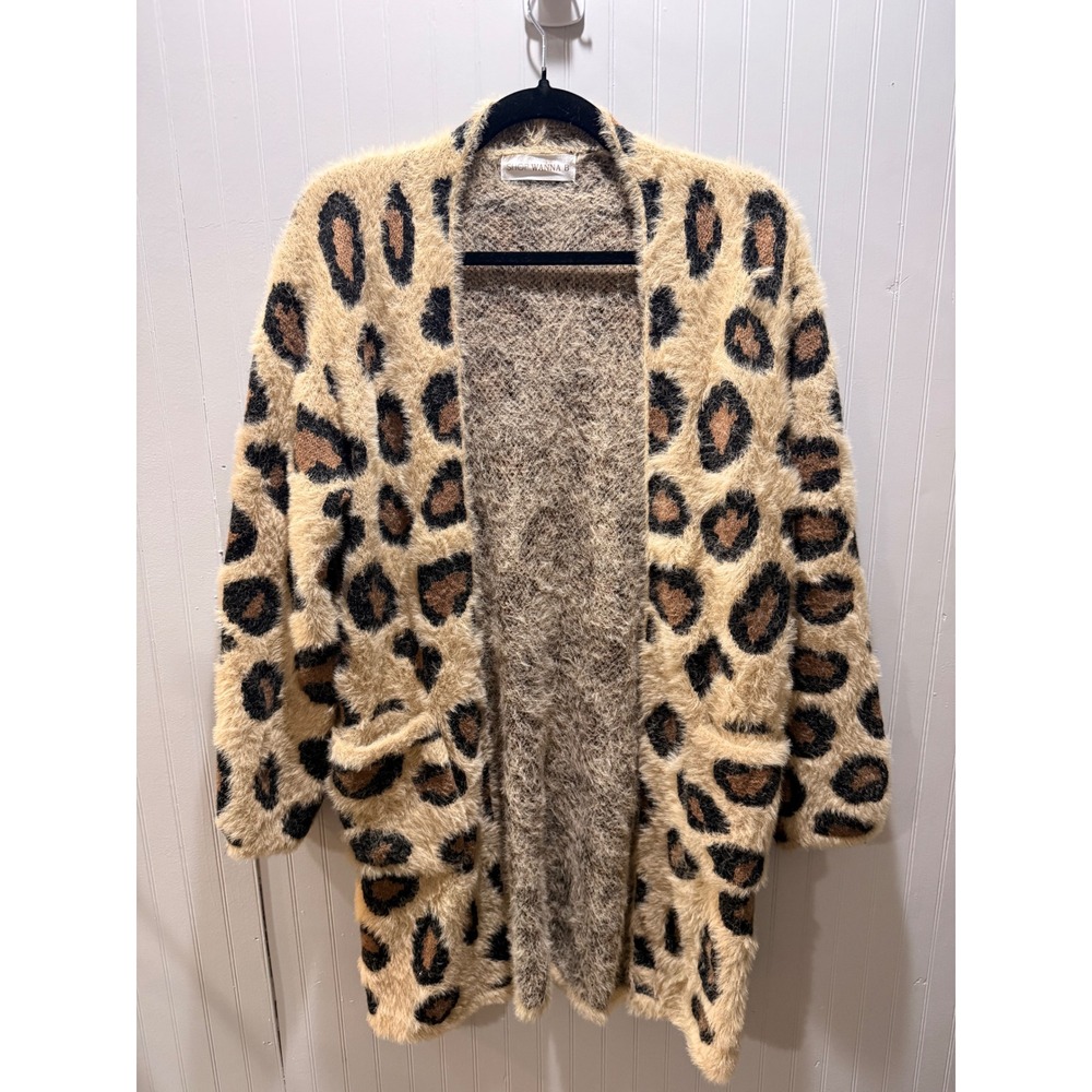 Shop Wanna B Leopard Print Fuzzy Eyelash Knit‎ Open Front Cardigan Sweater Tan